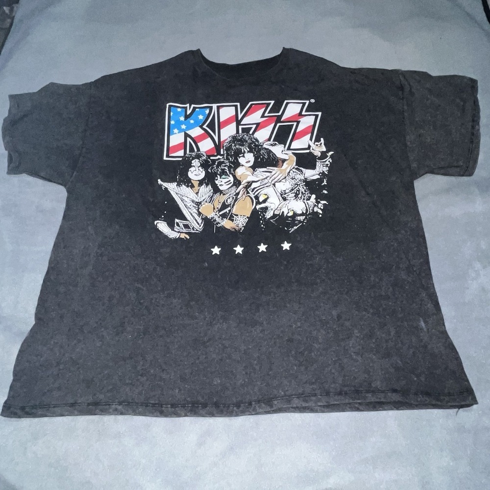 KISS Rock Band Graphic Tee Shirt Distressed Charcoal Gray US Flag Unisex Sz XXL